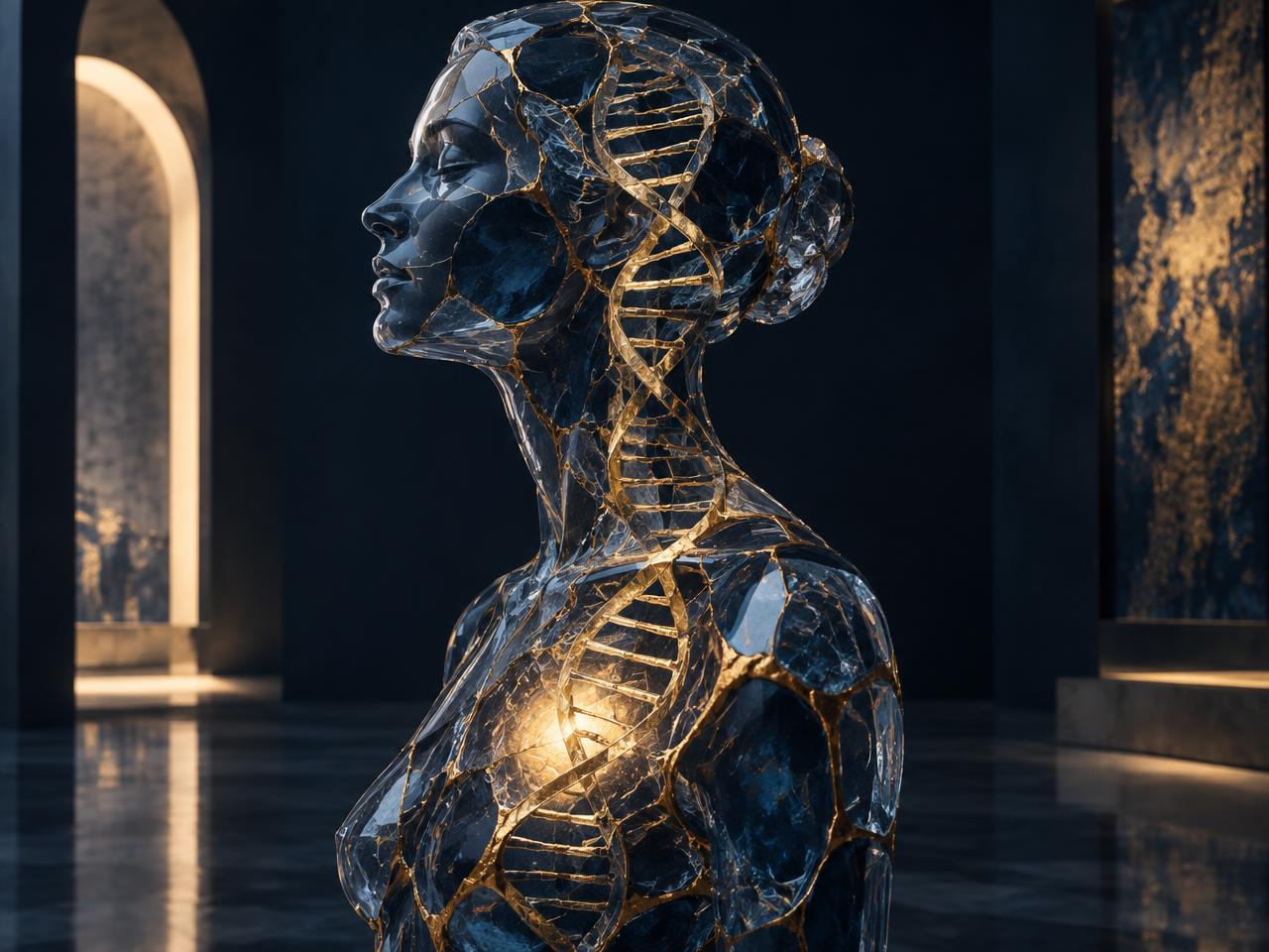 Figura humana de cristal azul reconstruida con uniones doradas y una estructura de ADN