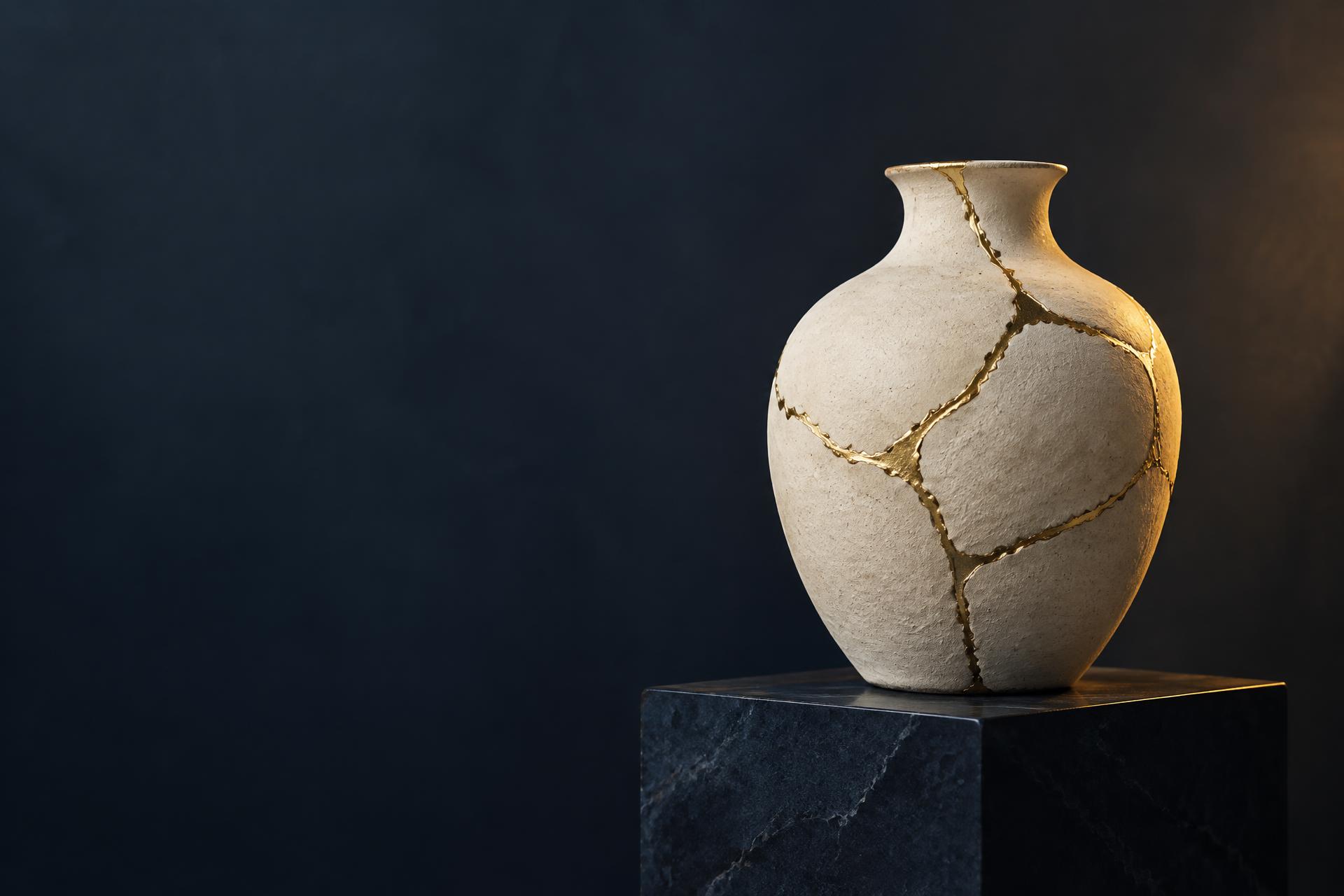 Vasija reconstruida con uniones doradas mediante la técnica kintsugi